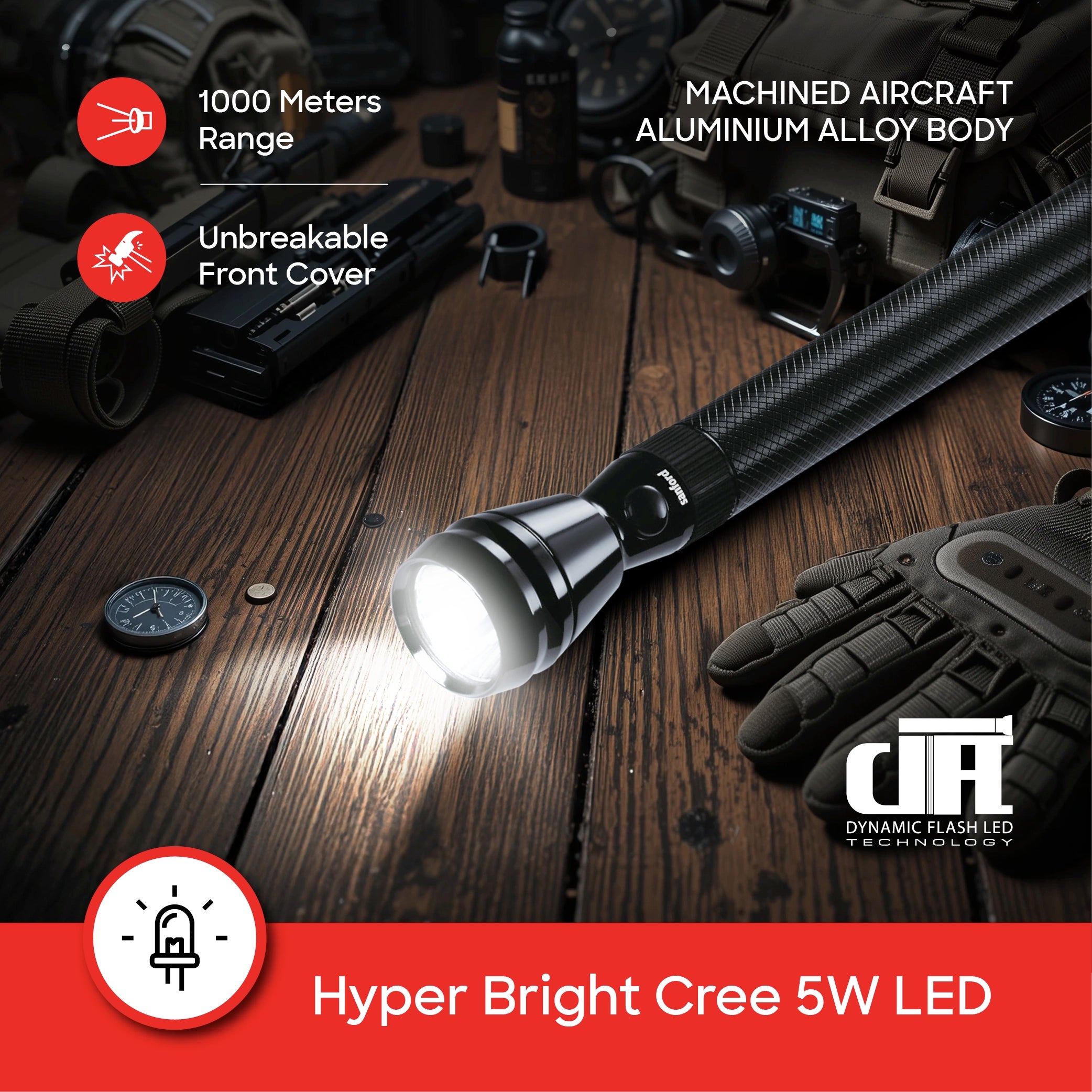 LED flashlight 5W 1000m range 2 hour runtime sanford 4