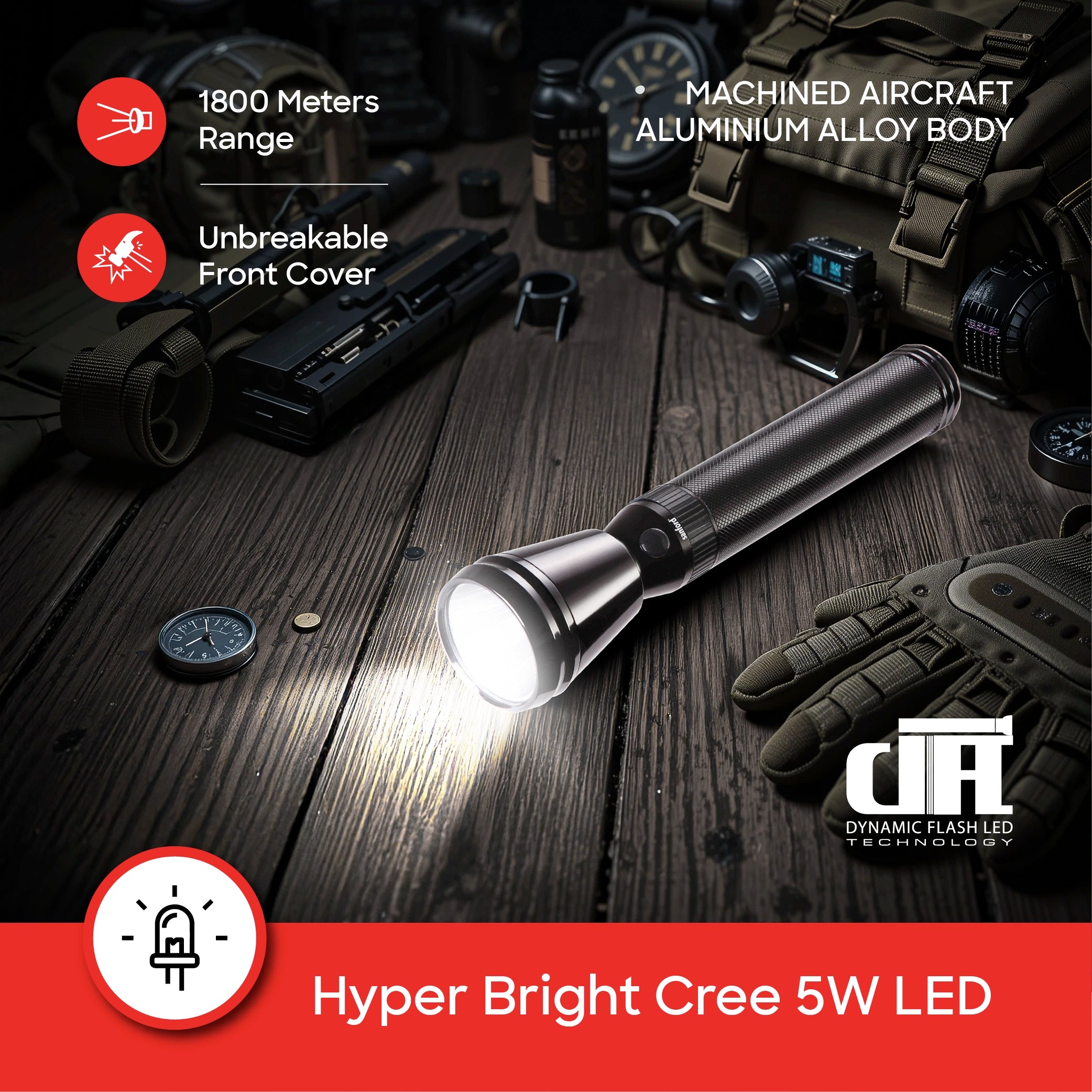 Sanford Army Series 5W LED Flashlight with 1800 Meter Range and 6 Hour Runtime | SF2640SL - buysanford