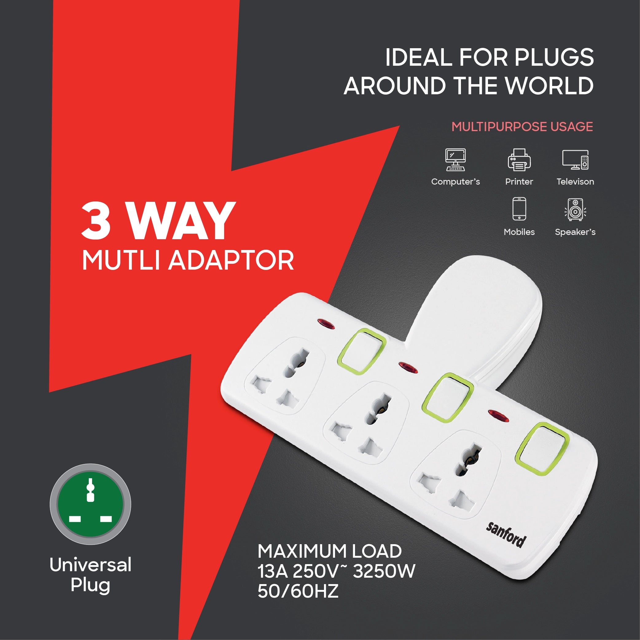 3 way multi plug adaptor 13A fuse 3250W sanford 3