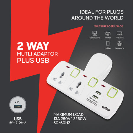 2 way multi plug adaptor USB 13A fuse 3250W power adapter sanford 3