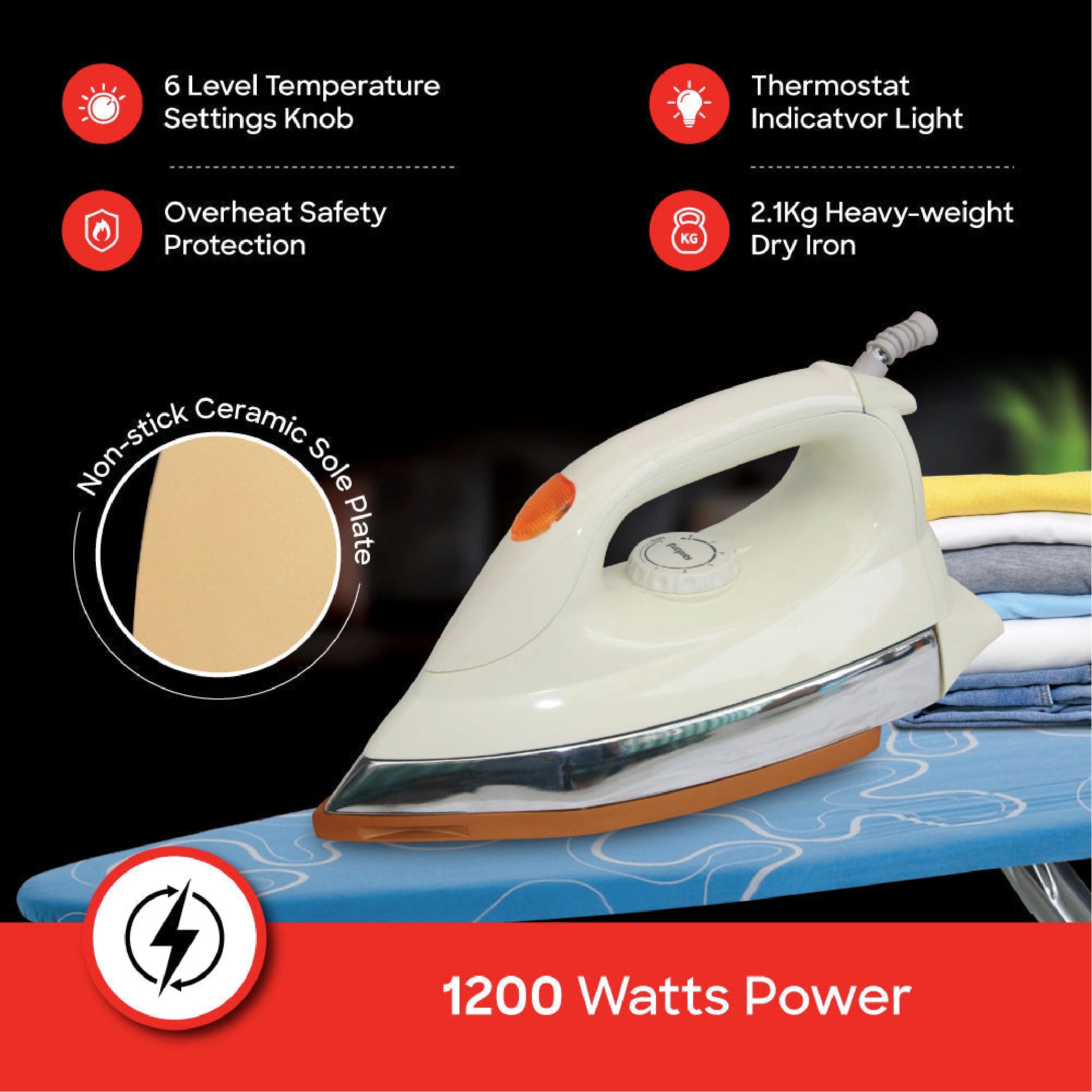 1200W ceramic iron non stick soleplate 6 temperature settings sanford 3