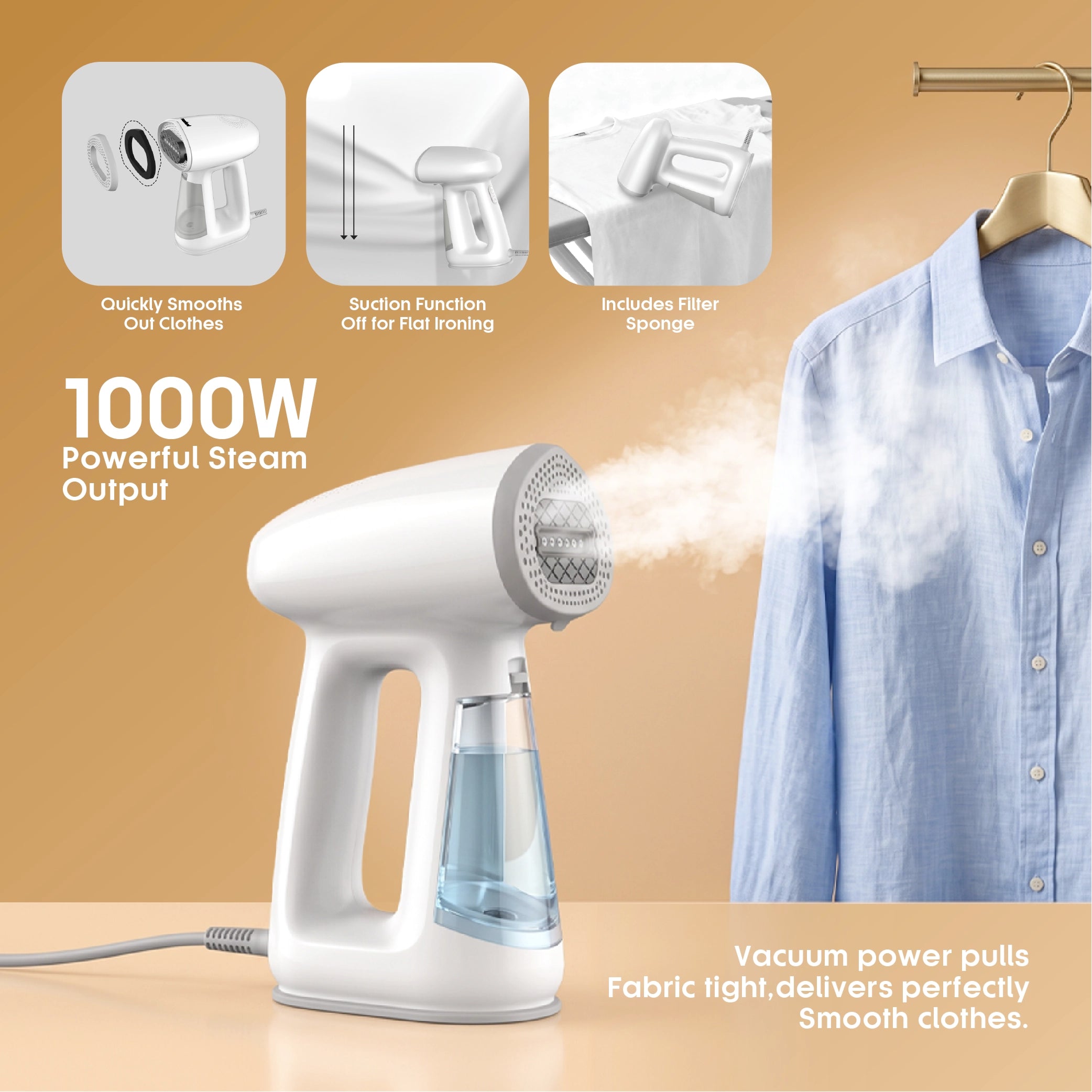 Sanford Vacuum Garment Steamer 1000W 2 in 1 Steam & Iron SF2910GS – 1000W powerful steam output with fill, heat and steam usage steps shown on shirt