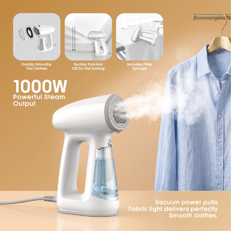 Sanford Vacuum Garment Steamer 1000W 2 in 1 Steam & Iron SF2910GS – 1000W powerful steam output with fill, heat and steam usage steps shown on shirt