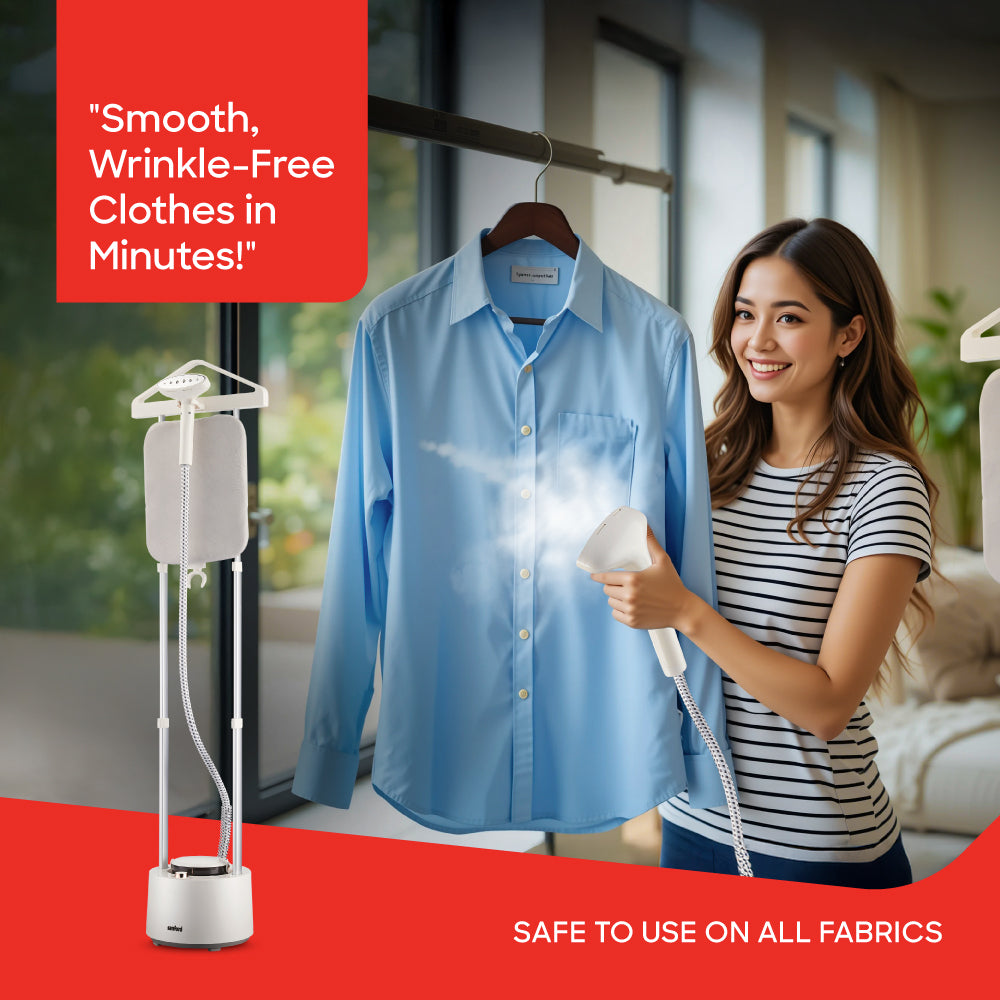 Sanford garment steamer showing built-in ironing board and steam head