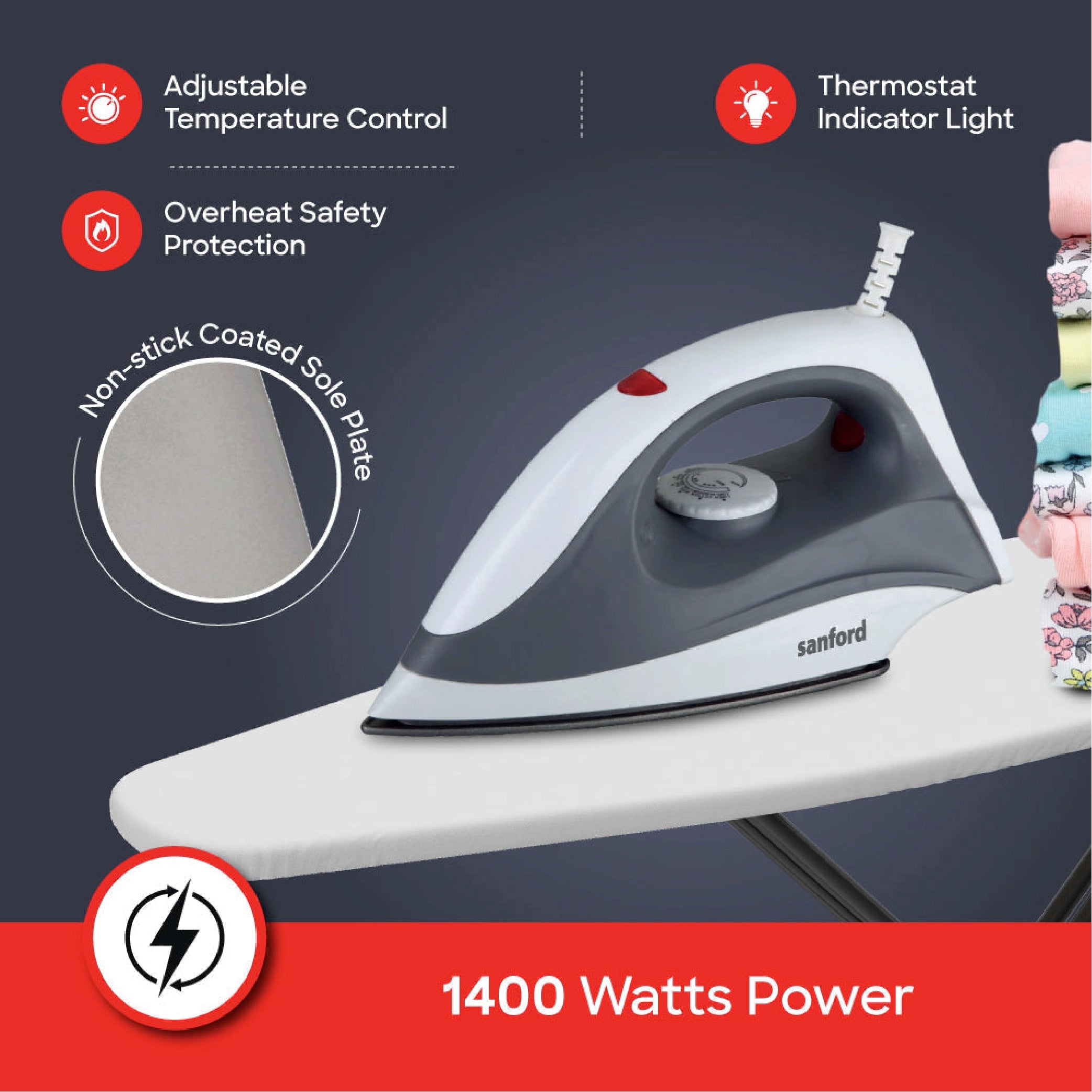 1400W dry iron teflon soleplate safety cut off sanford 3