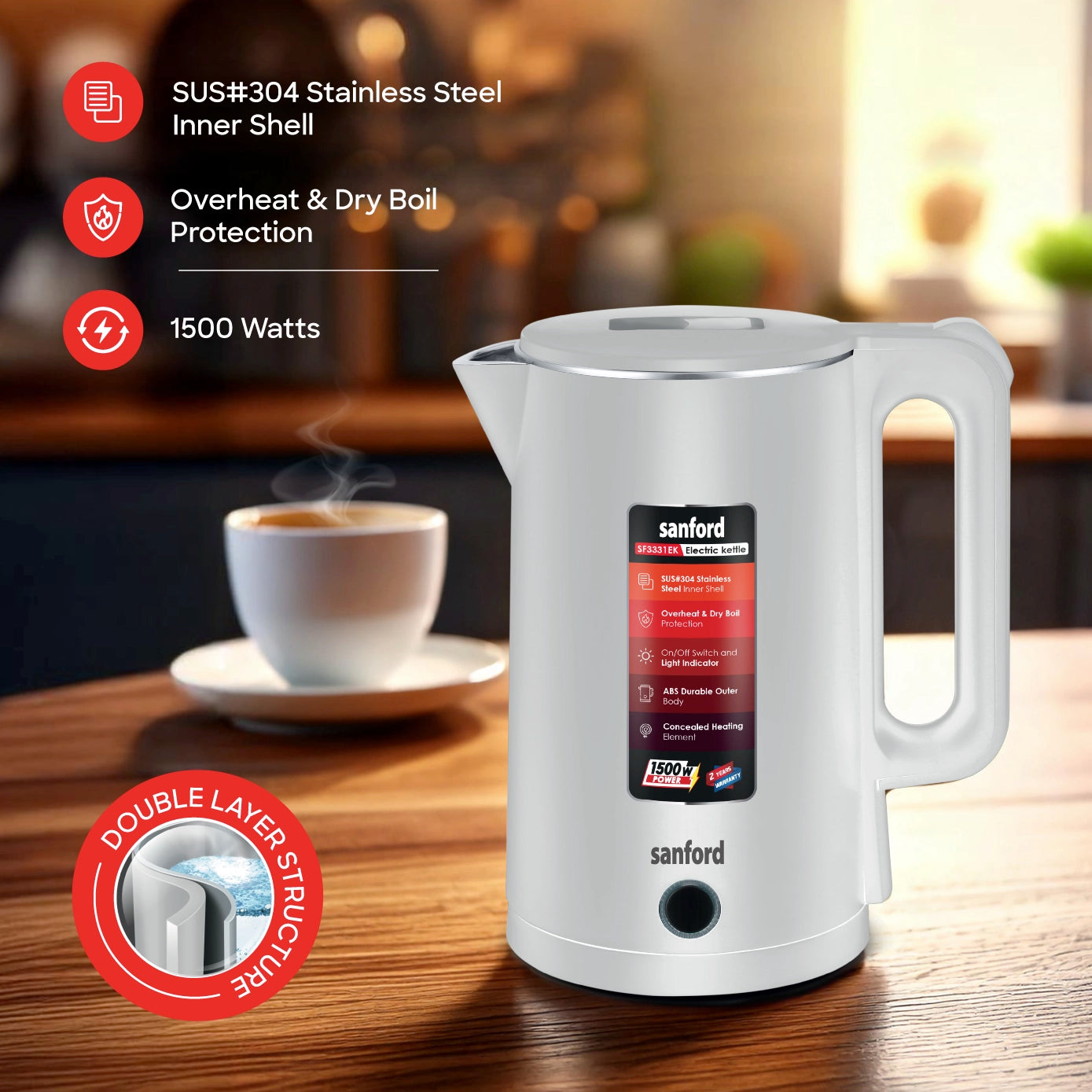 electric kettle 1.8L double layer cordless boiling kettle sanford 3