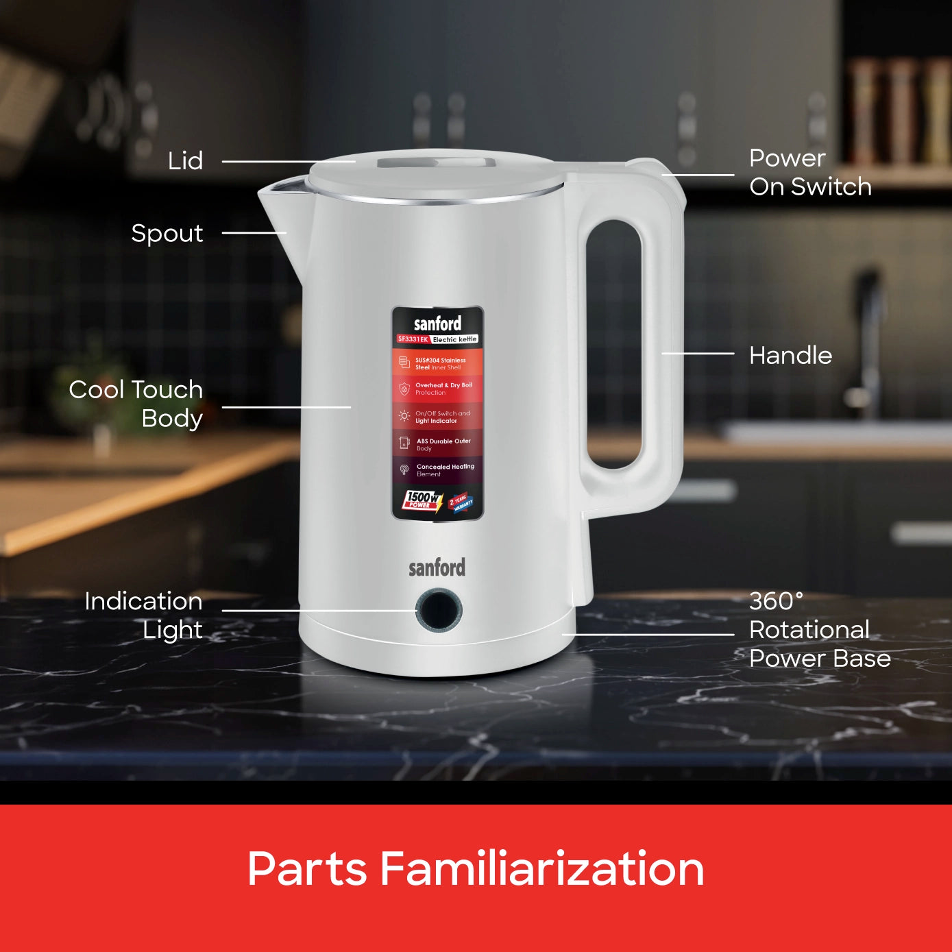 electric kettle 1.8L double layer cordless boiling kettle sanford 6