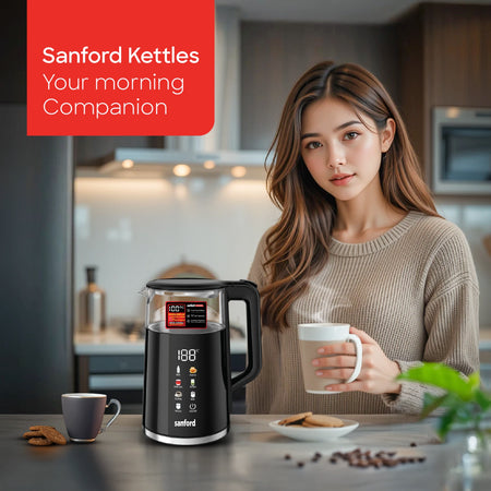 Sanford 1.7L Digital Electric Kettle – lifestyle shot of woman in kitchen with the electric kettle