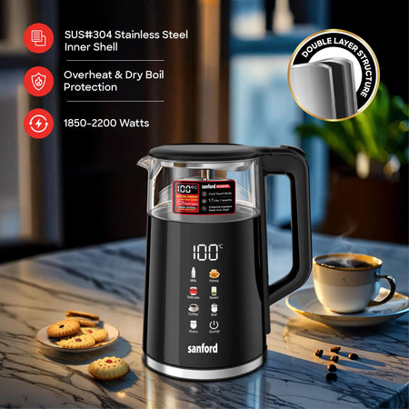 Sanford 1.7L Digital Electric Kettle – black kettle on dark background with feature callouts