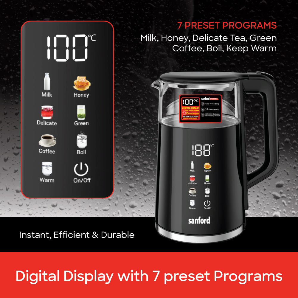Sanford 1.7L Digital Electric Kettle with Touch Display and 7 Preset Programs | SF3361EK - buysanford