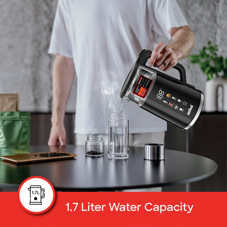 Sanford 1.7L Digital Electric Kettle – pouring water from the kettle, 1.7 liter water capacity callout