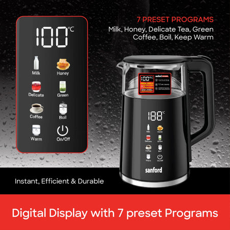 Sanford 1.7L Digital Electric Kettle – digital display with preset programs feature callout