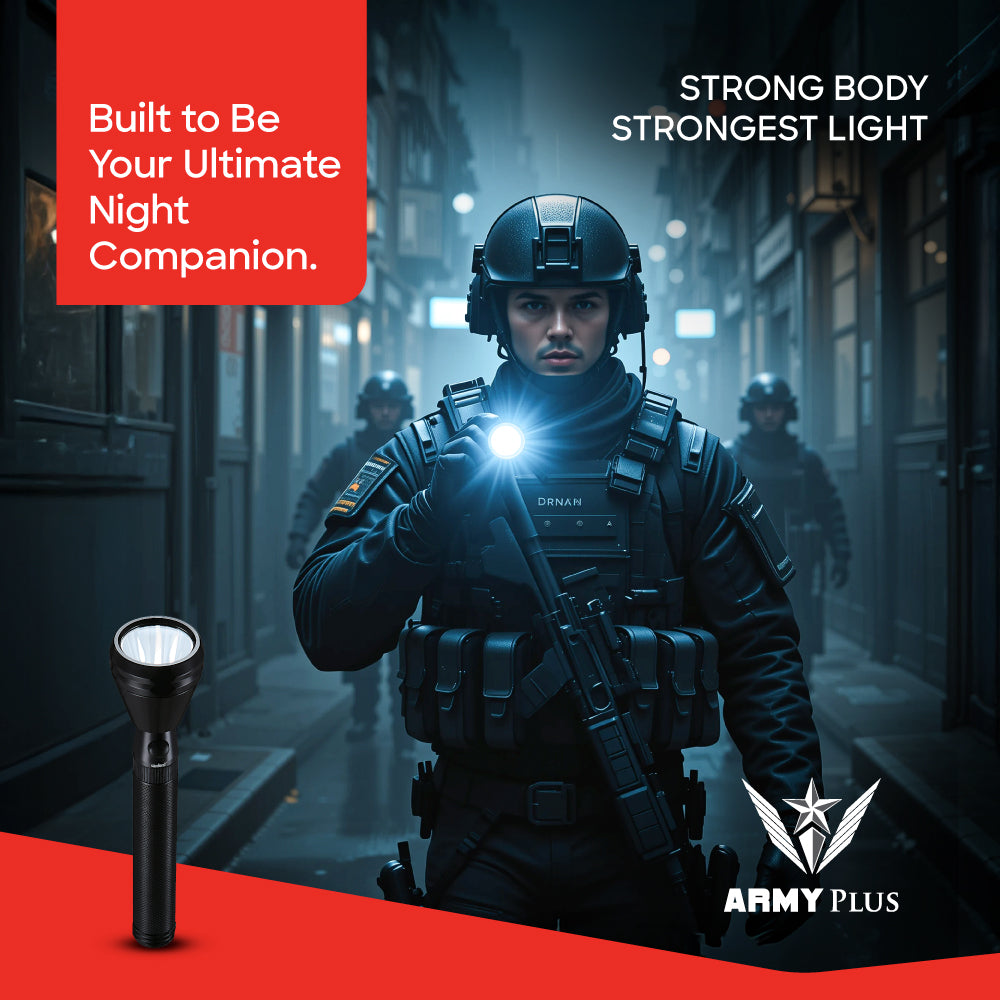 Sanford 5W LED flashlight showing ultra-long 1800-meter range