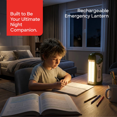 Sanford Rechargeable Emergency Lantern 2-In-1 LED – lifestyle shot of child reading a book by the lantern at night