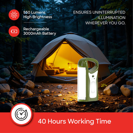 Sanford Rechargeable Emergency Lantern 2-In-1 LED – lantern glowing beside a camping tent at night with 40 hours working time callout