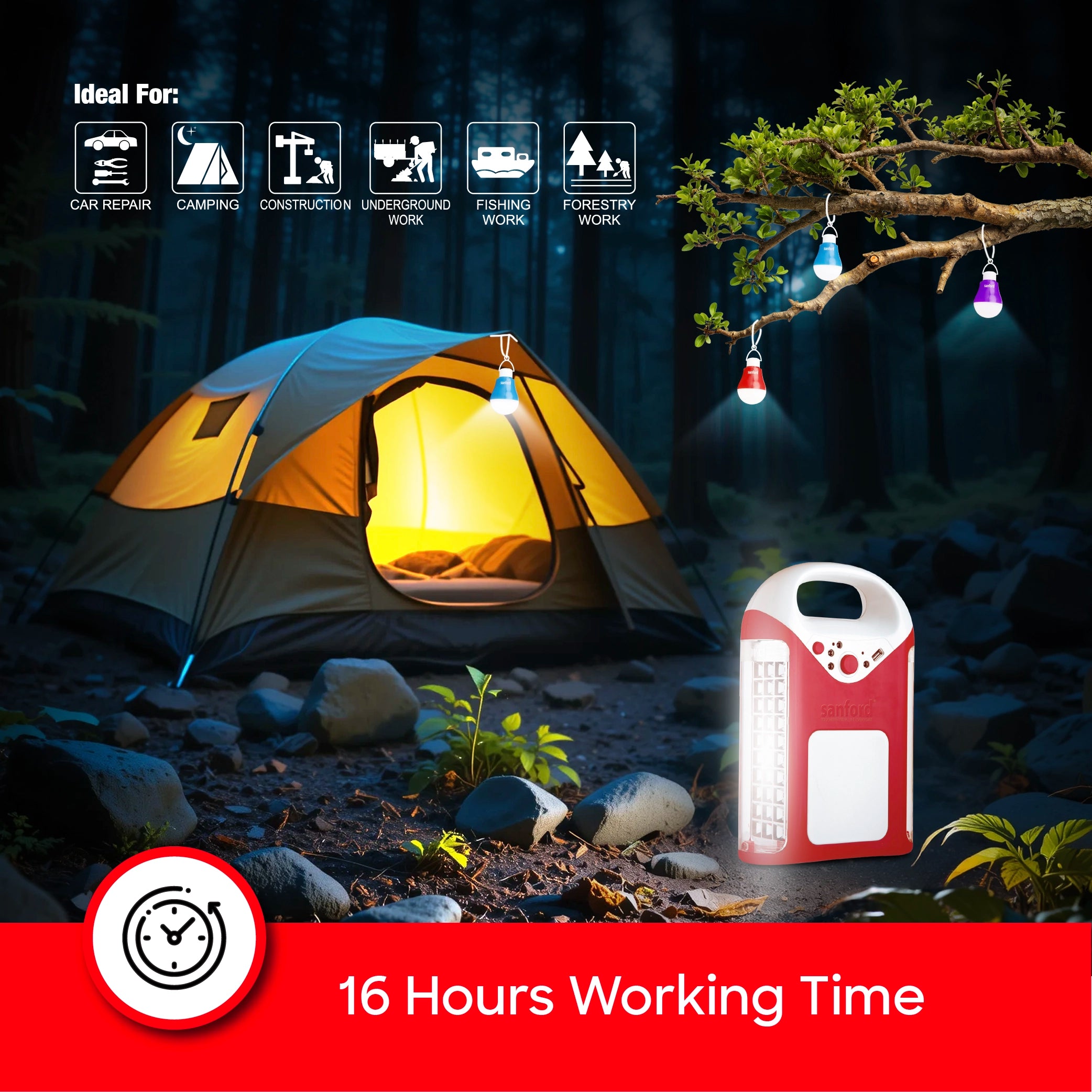 rechargeable 6W 3 side led lantern with 3 bulbs 16 hour runtime sanford 5