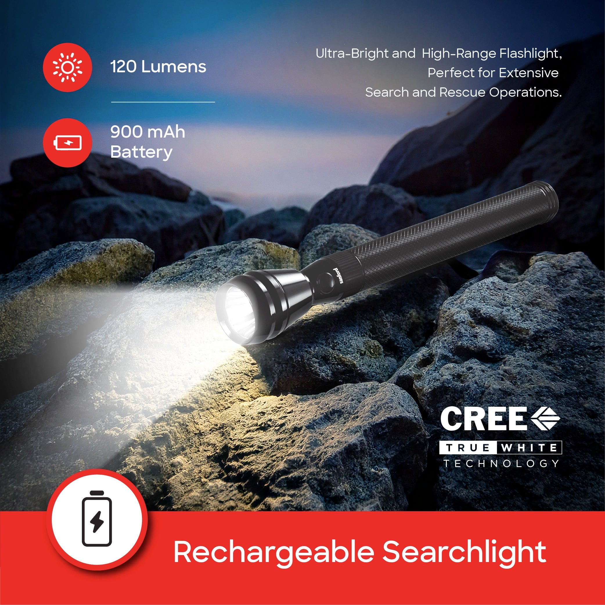 LED flashlight 1W 500m range 120 min runtime sanford 3