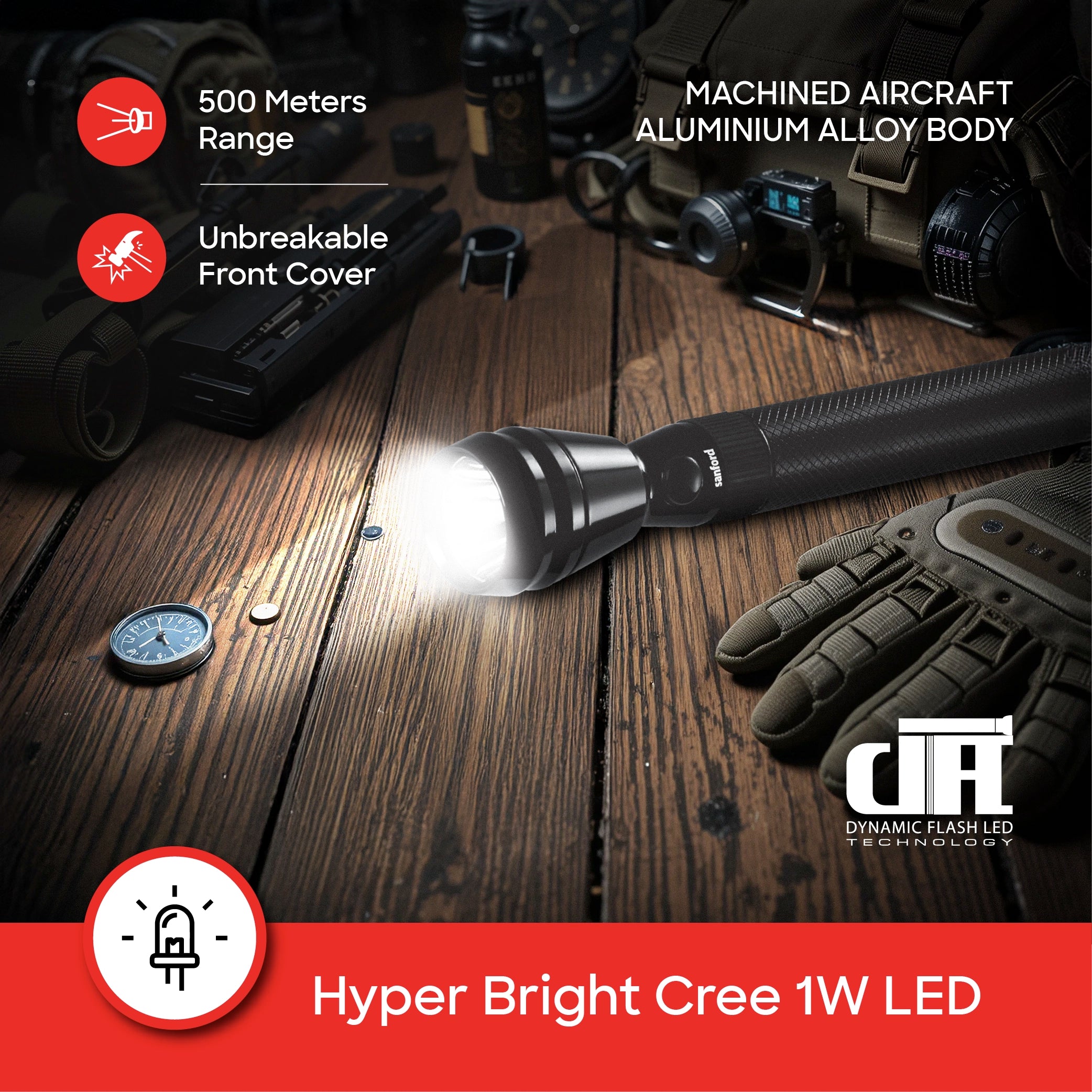 LED flashlight 1W 500m range 120 min runtime sanford 4
