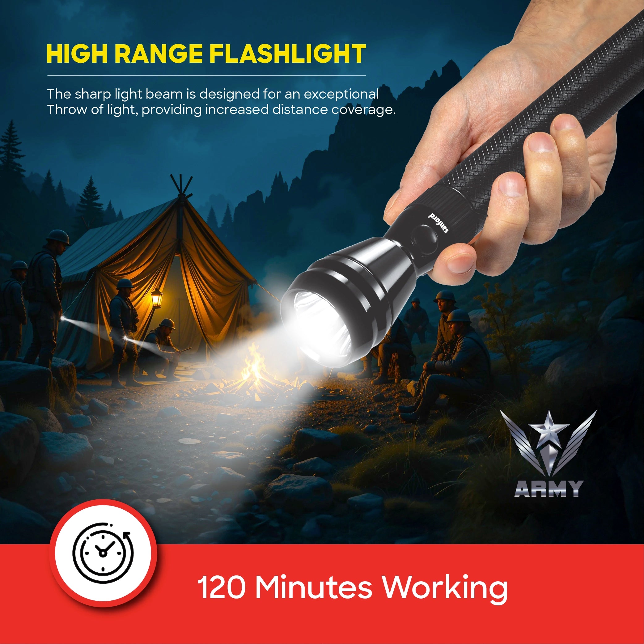 LED flashlight 1W 500m range 120 min runtime sanford 5