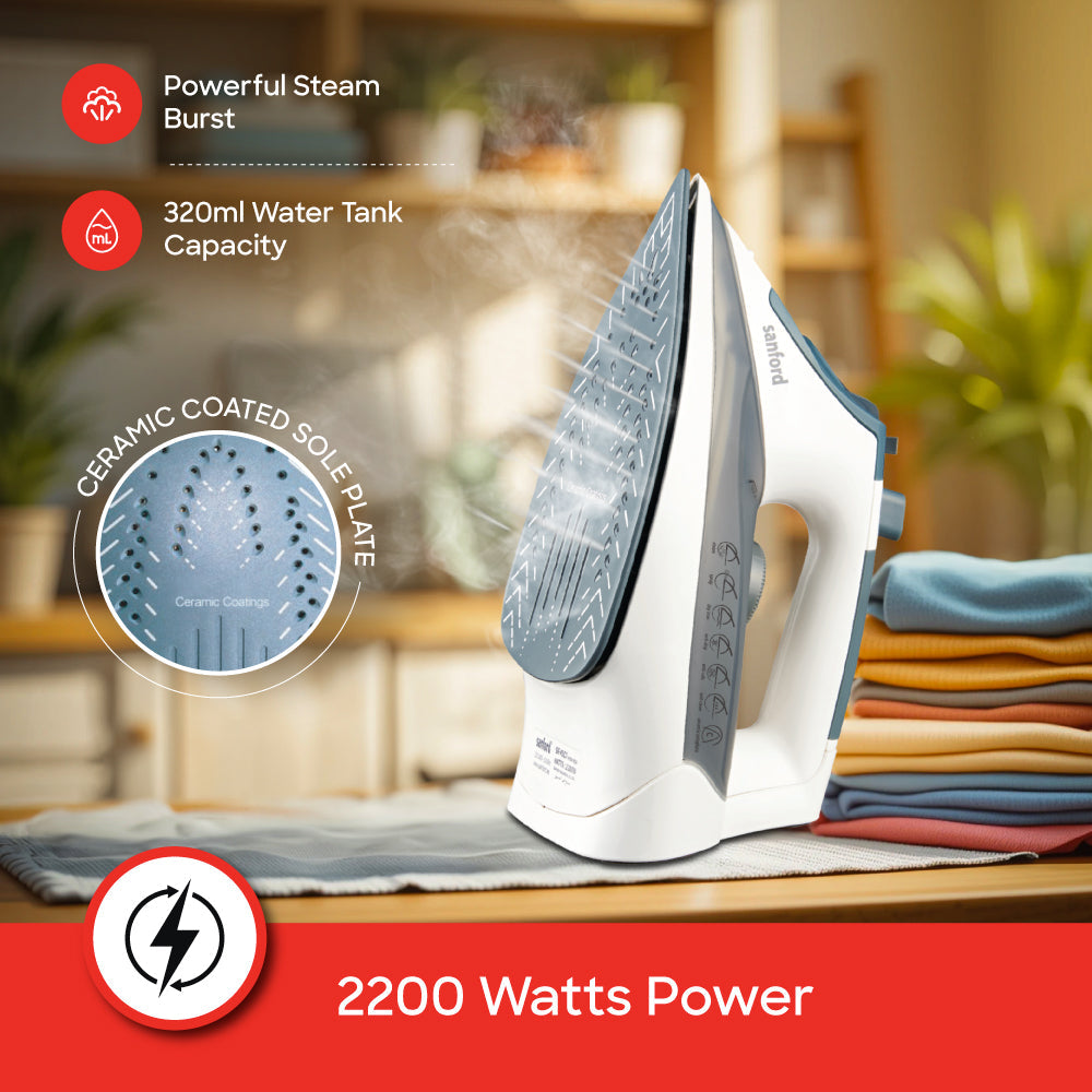 Sanford 2200 Watts Power Ceramic Coated Steam Iron with Anti-Drip and Self-Cleaning | SF45CI - buysanford