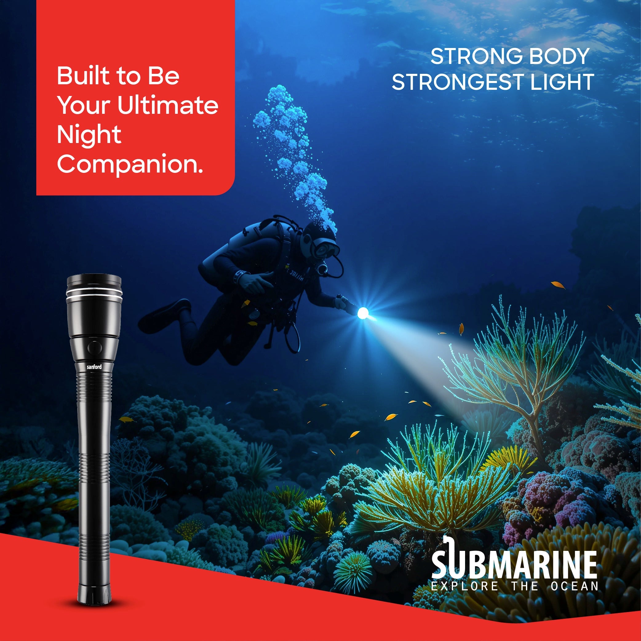 7W LED flashlight 3200m range rechargeable long runtime sanford 2