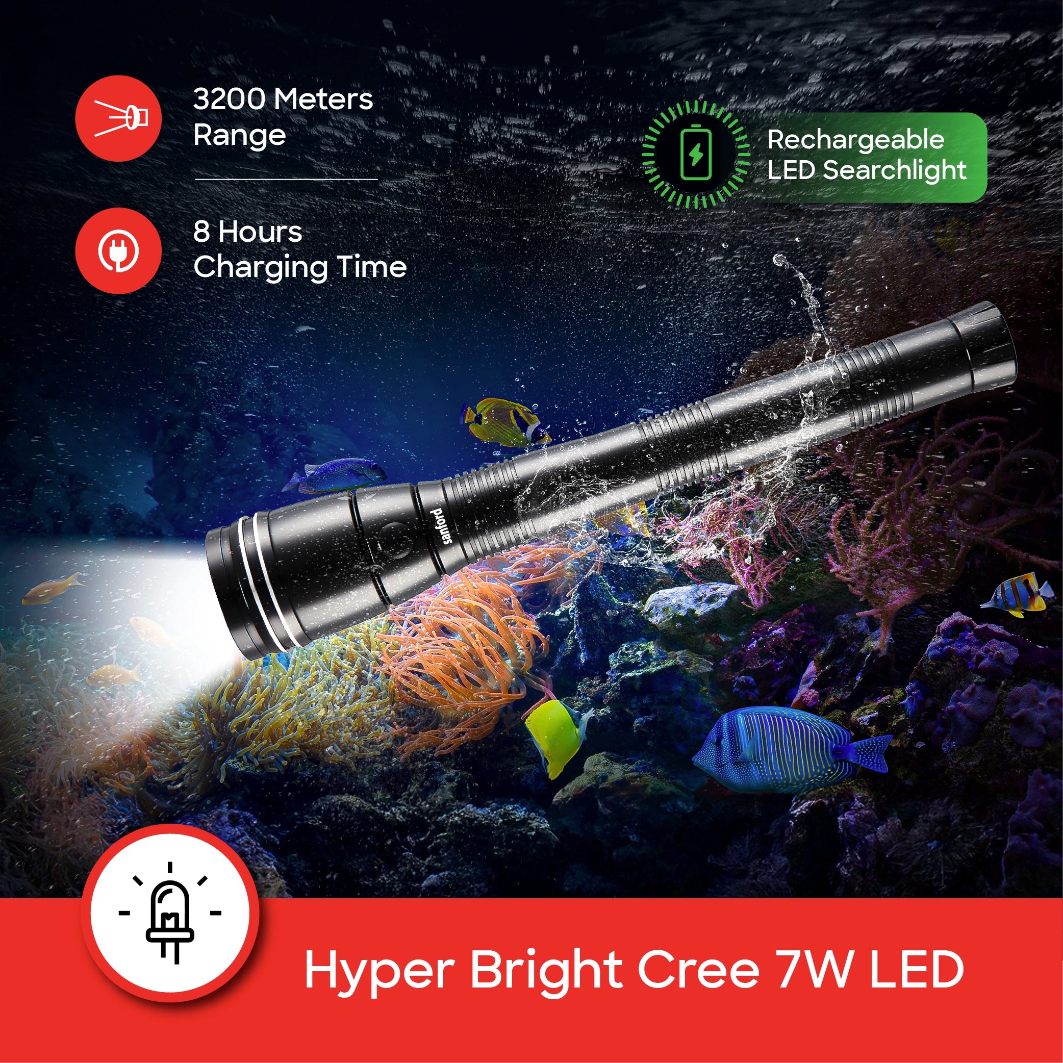 7W LED flashlight 3200m range rechargeable long runtime sanford 4