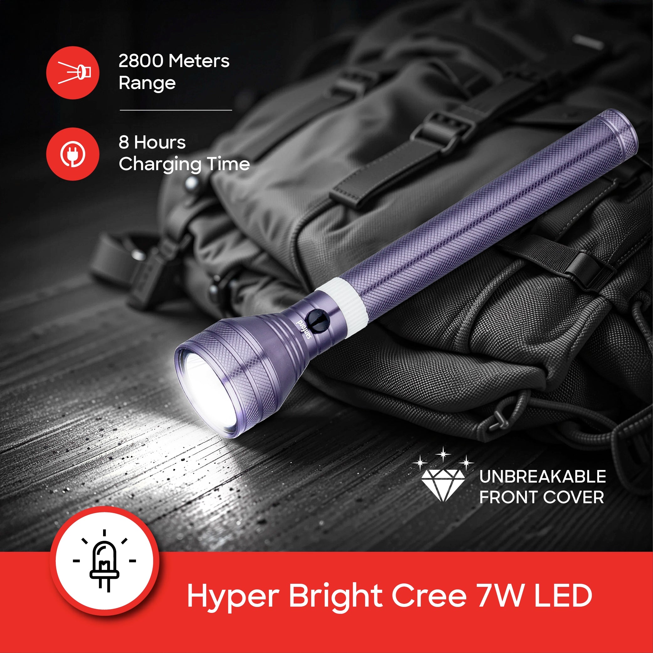 LED flashlight 7W torch 2800m range 4 hour runtime rechargeable sanford 4