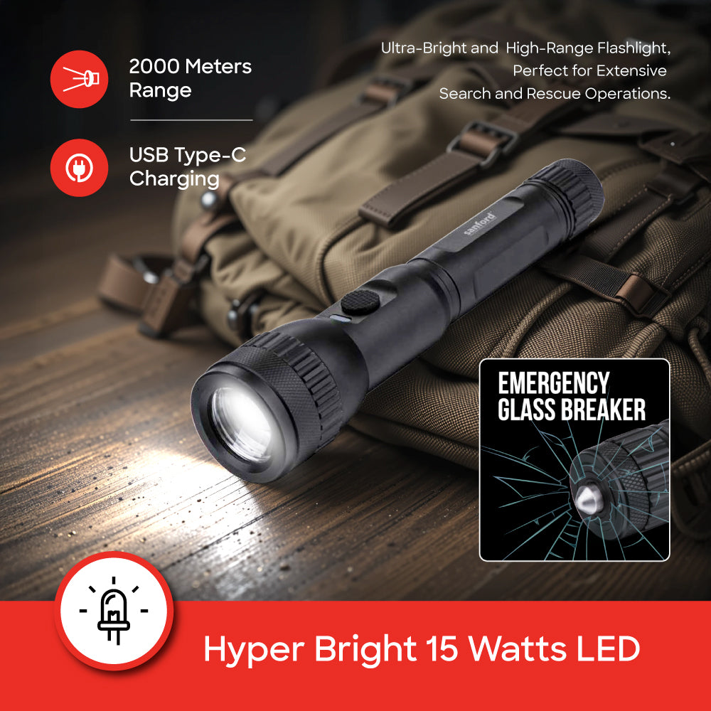 Sanford Glass Breaker Series 15W LED Flashlight with 2000M Range and 10 Hour Runtime | SF4666SL - buysanford
