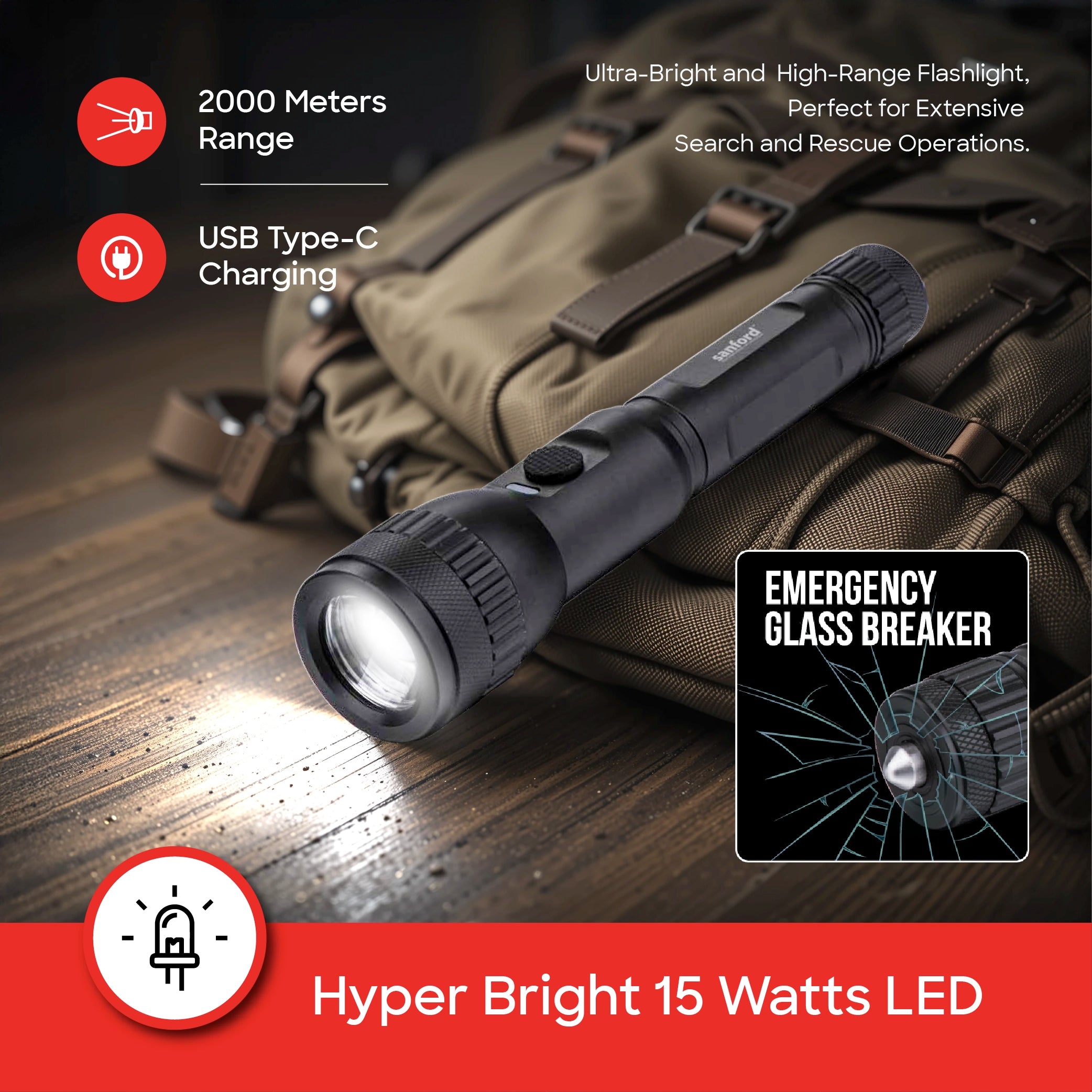 Shop Sanford Glass Breaker Series 15W LED Flashlight with 2000M
