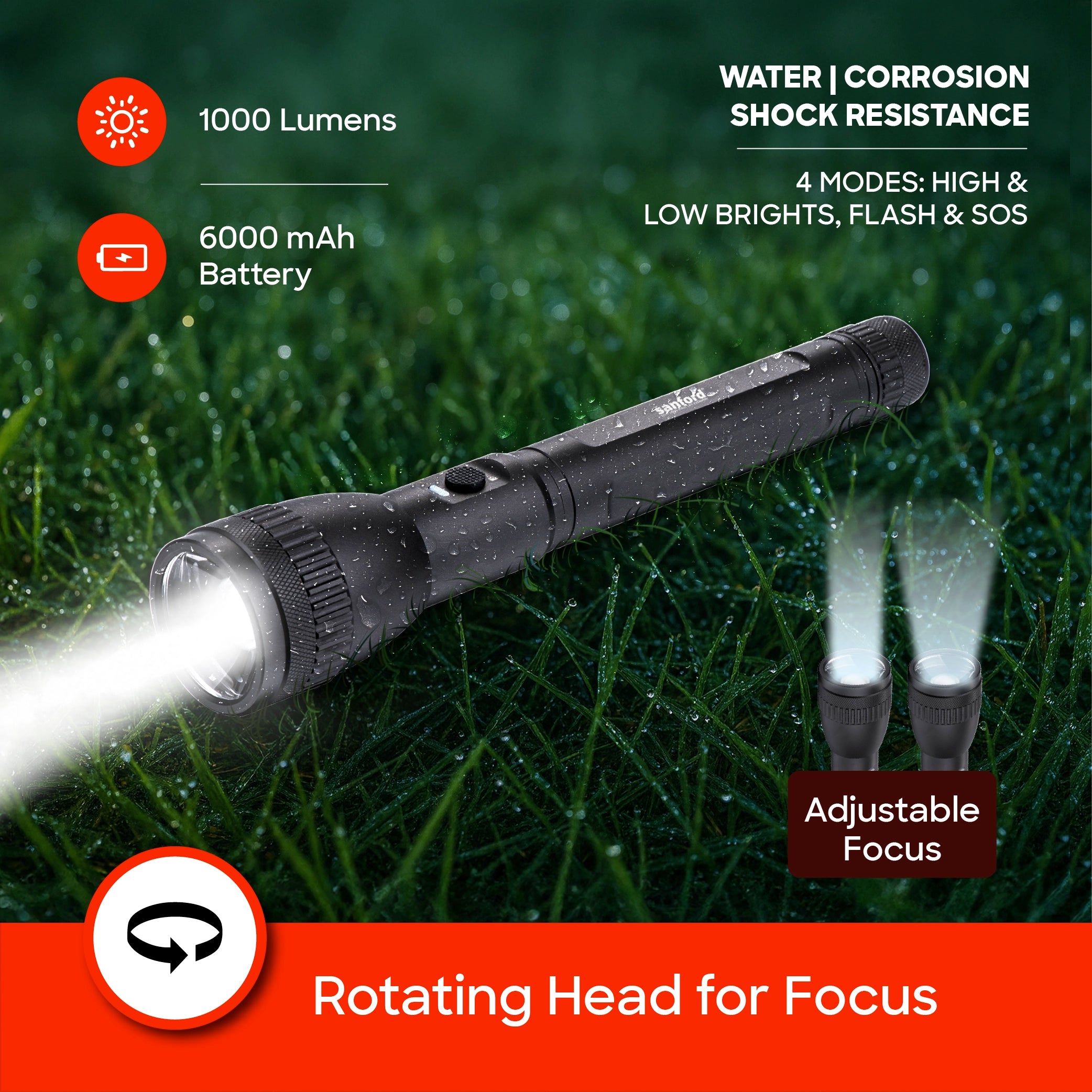 glass breaker series led flashlight 2200m range 20W 8 hour runtime sanford 3