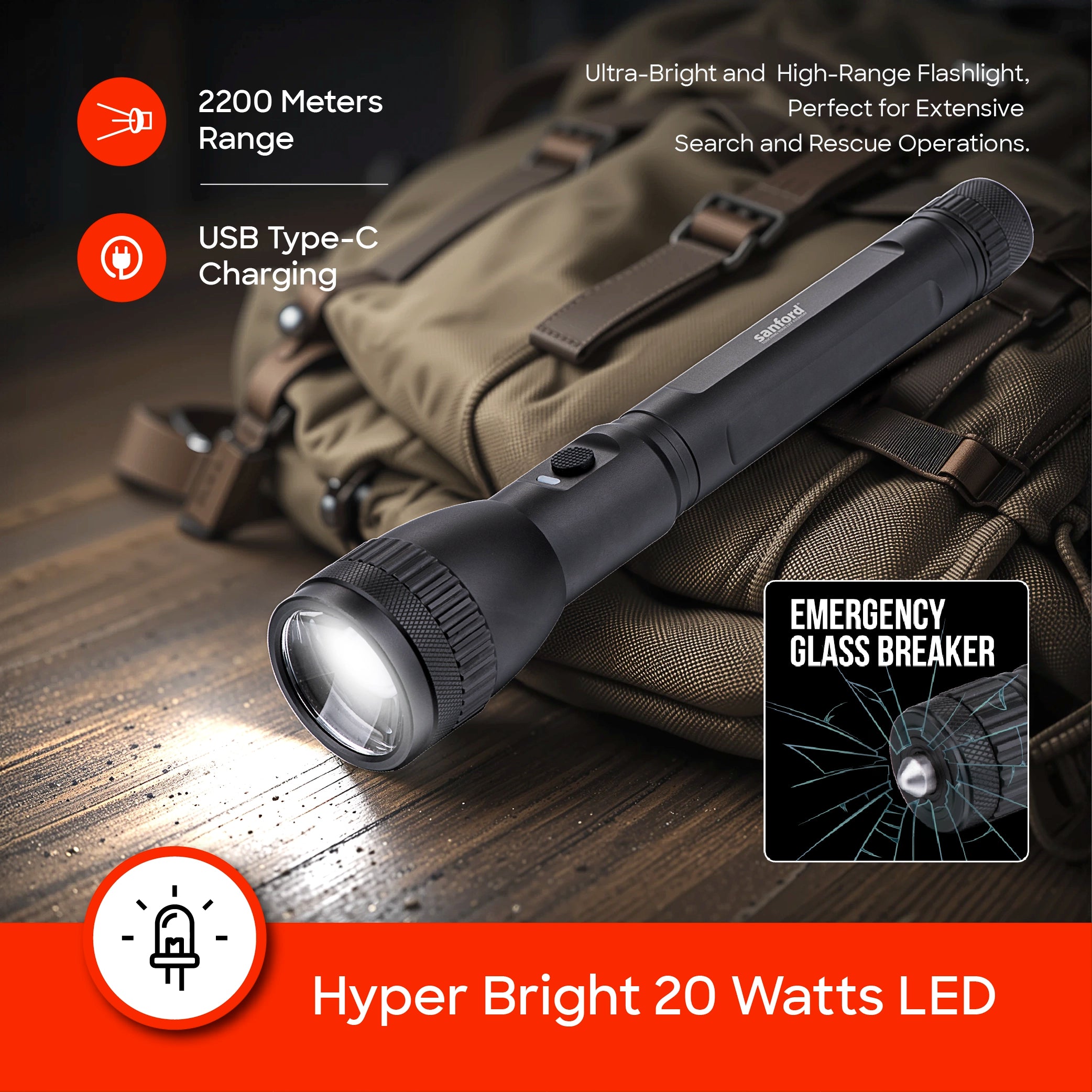 glass breaker series led flashlight 2200m range 20W 8 hour runtime sanford 4