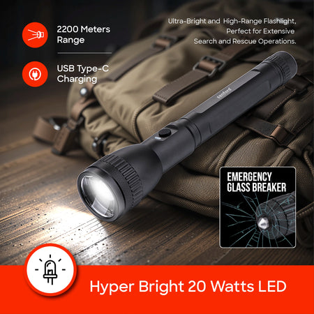 glass breaker series led flashlight 2200m range 20W 8 hour runtime sanford 4
