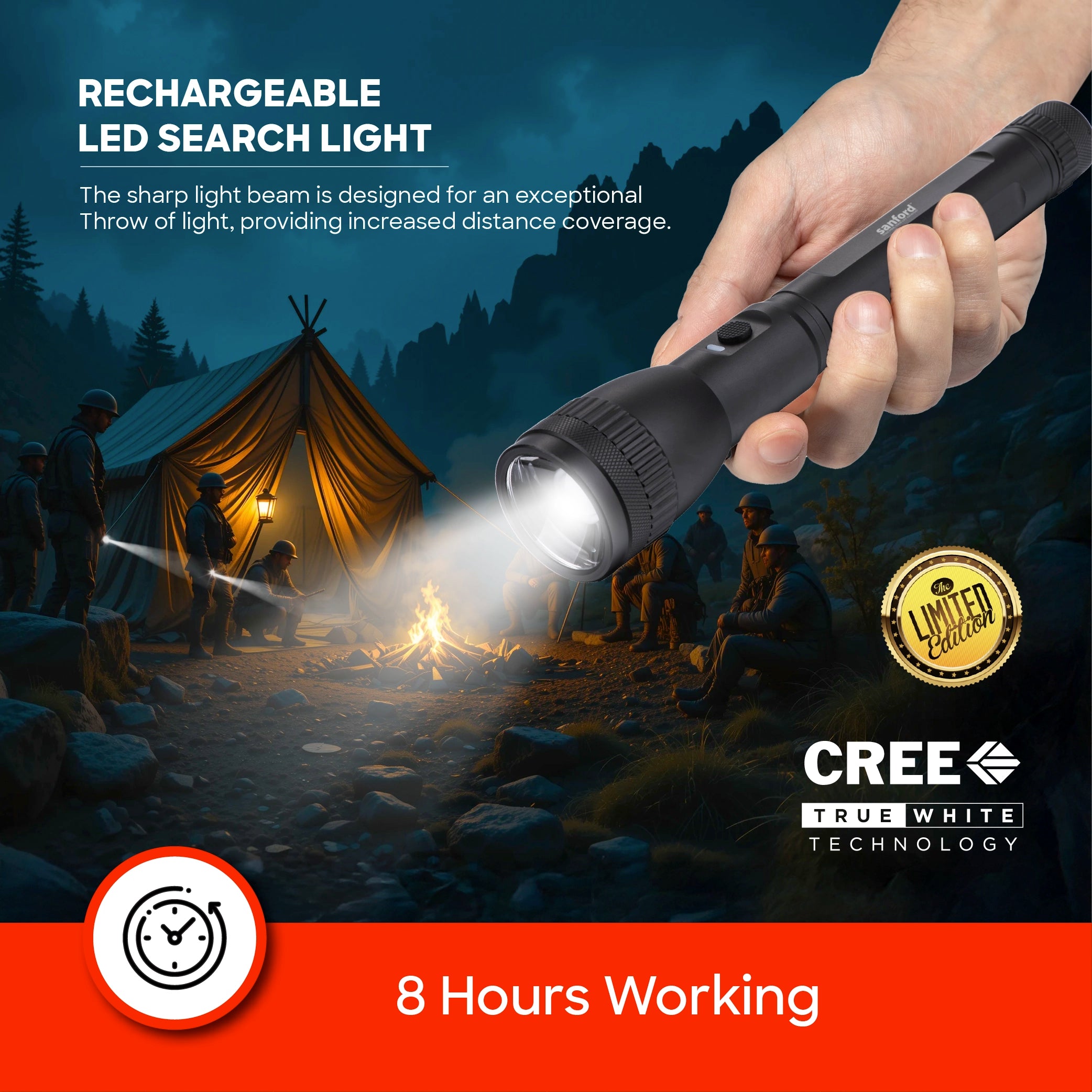 glass breaker series led flashlight 2200m range 20W 8 hour runtime sanford 5
