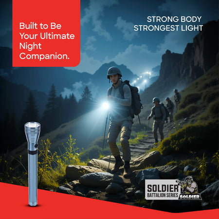 Sanford Soldier Battalion 5W LED Flashlight – flashlight beam lighting a night outdoor scene with feature callouts
