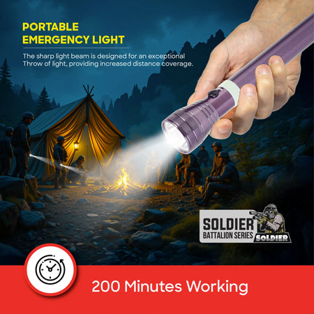 Sanford Soldier Battalion 5W LED Flashlight – hand holding lit flashlight with 200 minutes working time callout