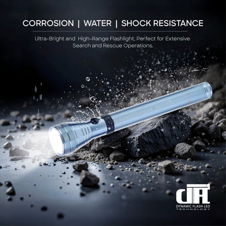 Sanford Soldier Battalion 5W LED Flashlight – flashlight on rocky dark background showcasing rugged durable build