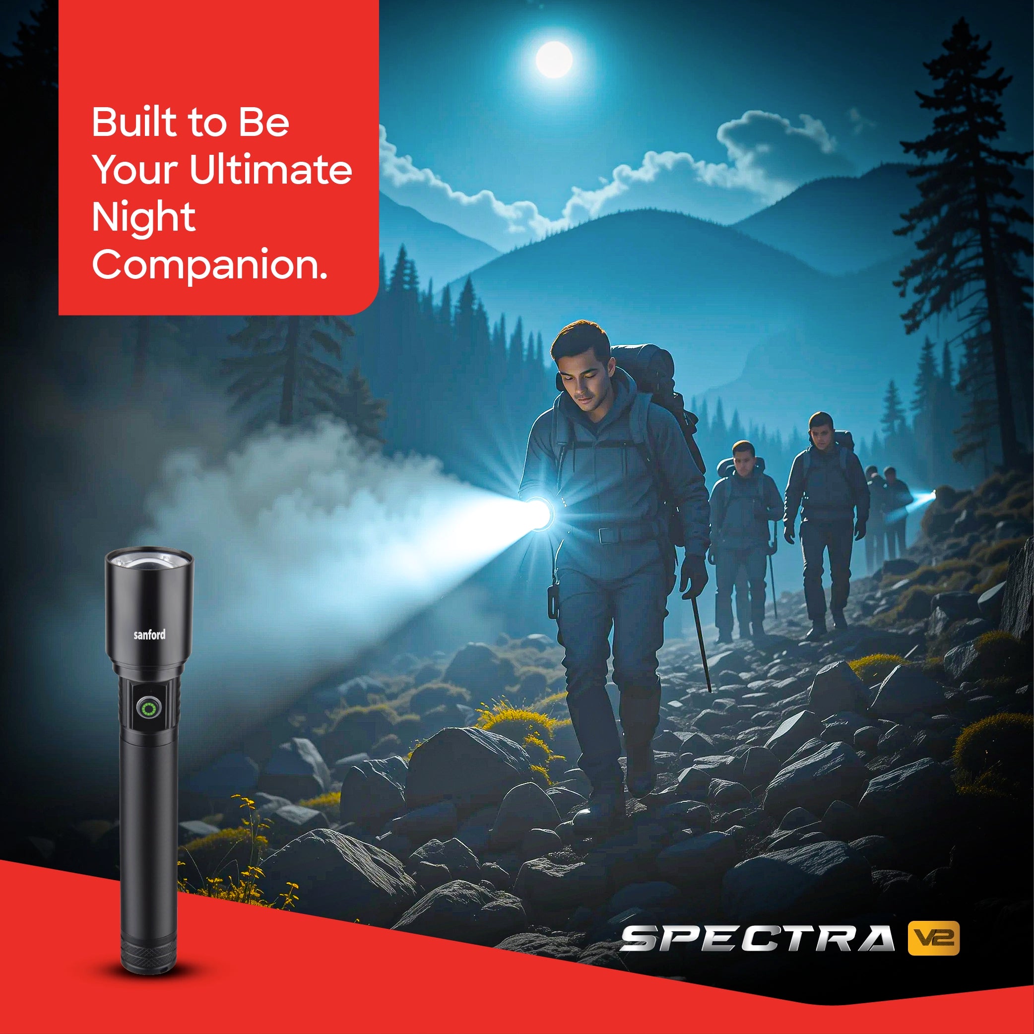 Sanford SF4678SL Spectra V2 LED Searchlight – lifestyle shot, hikers using searchlight at night