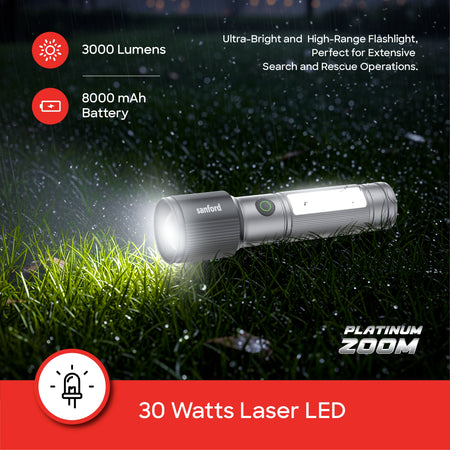 rechargeable flashlight torch zoom 7 mode laser led 3000 lumens sanford 3