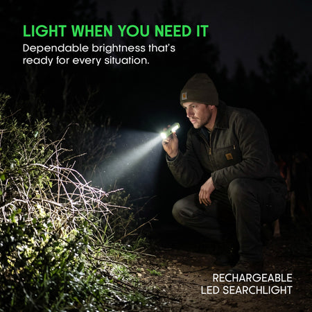 Sanford rechargeable LED searchlight providing bright illumination for outdoor activities and nighttime use.