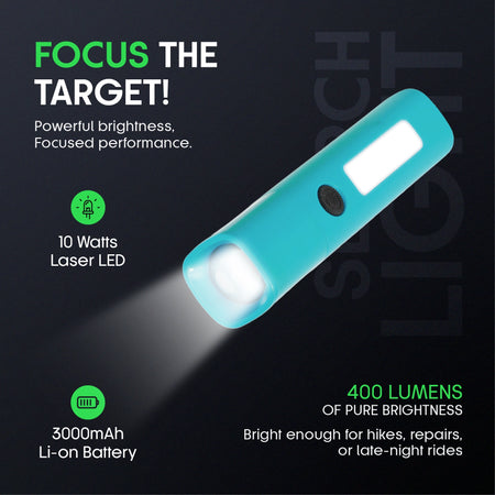 Sanford rechargeable LED searchlight with adjustable focus for directing light toward specific targets.