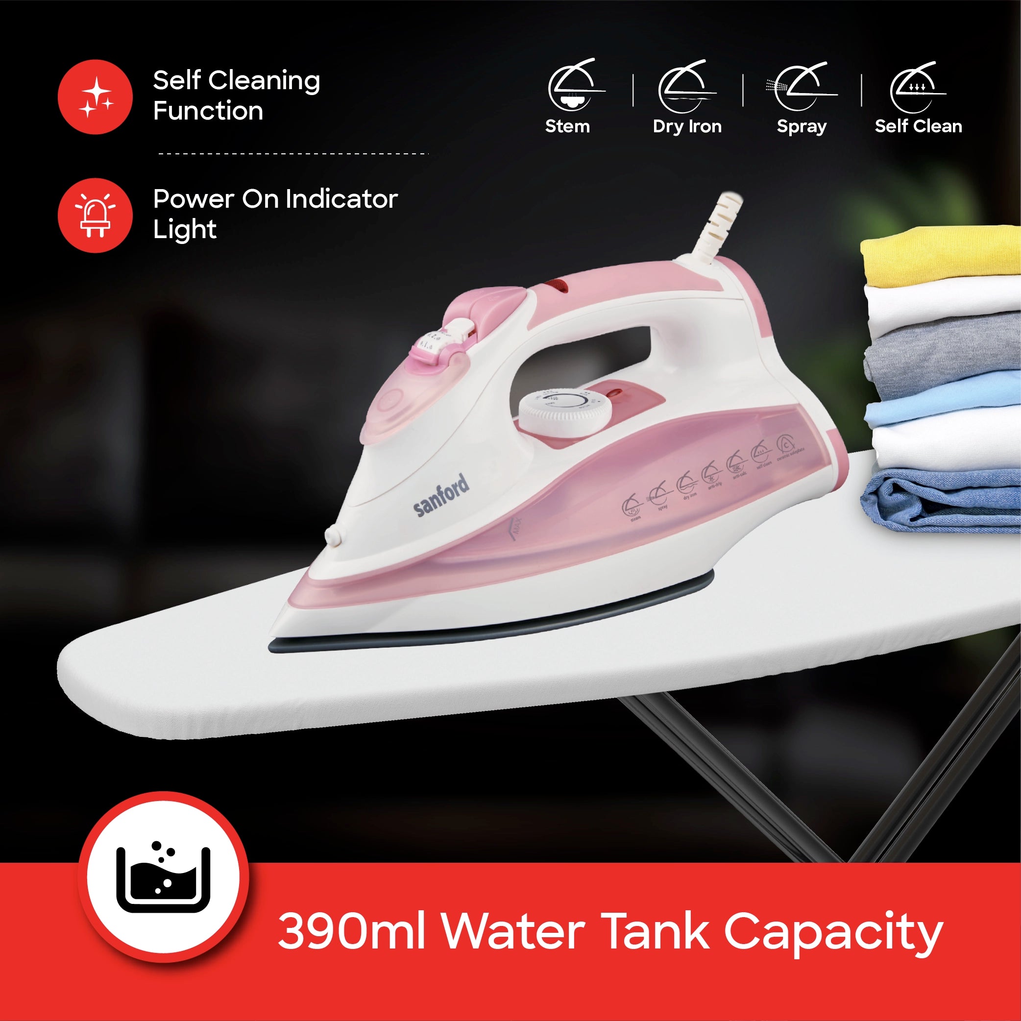 3000W steam iron ceramic soleplate 390ml water tank sanford 4