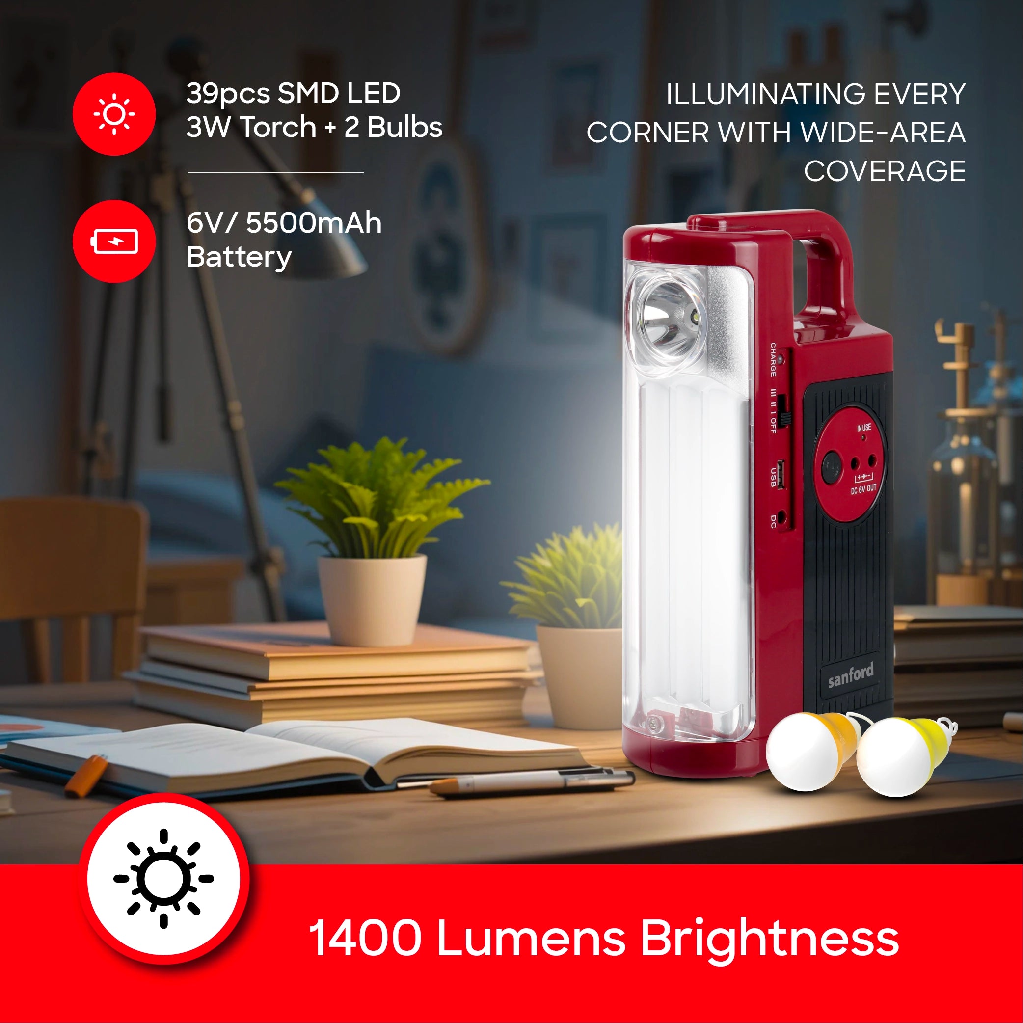 rechargeable led emergency lantern with 2 pcs led bulb sanford 3