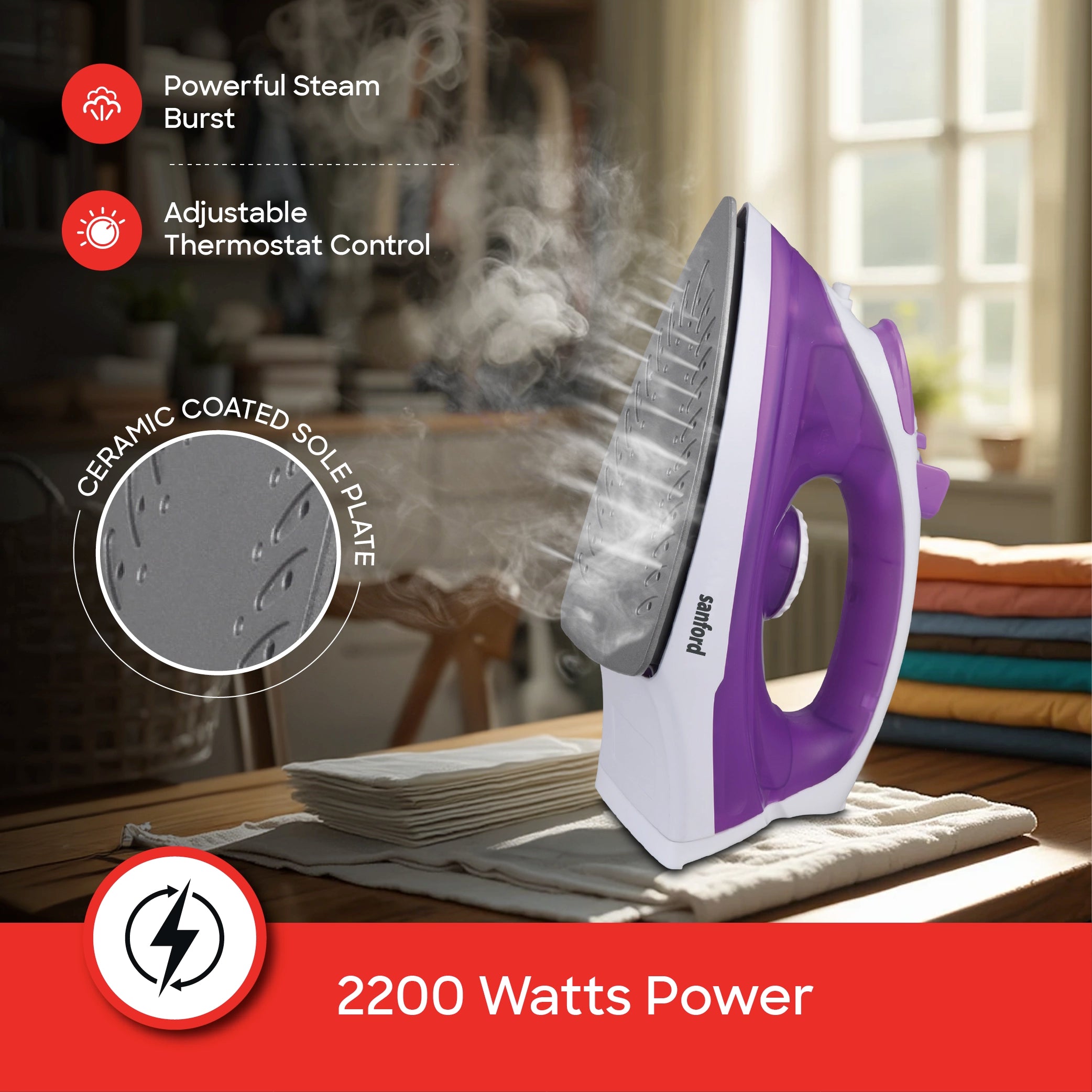 2200W steam iron ceramic coating self cleaning sanford 3