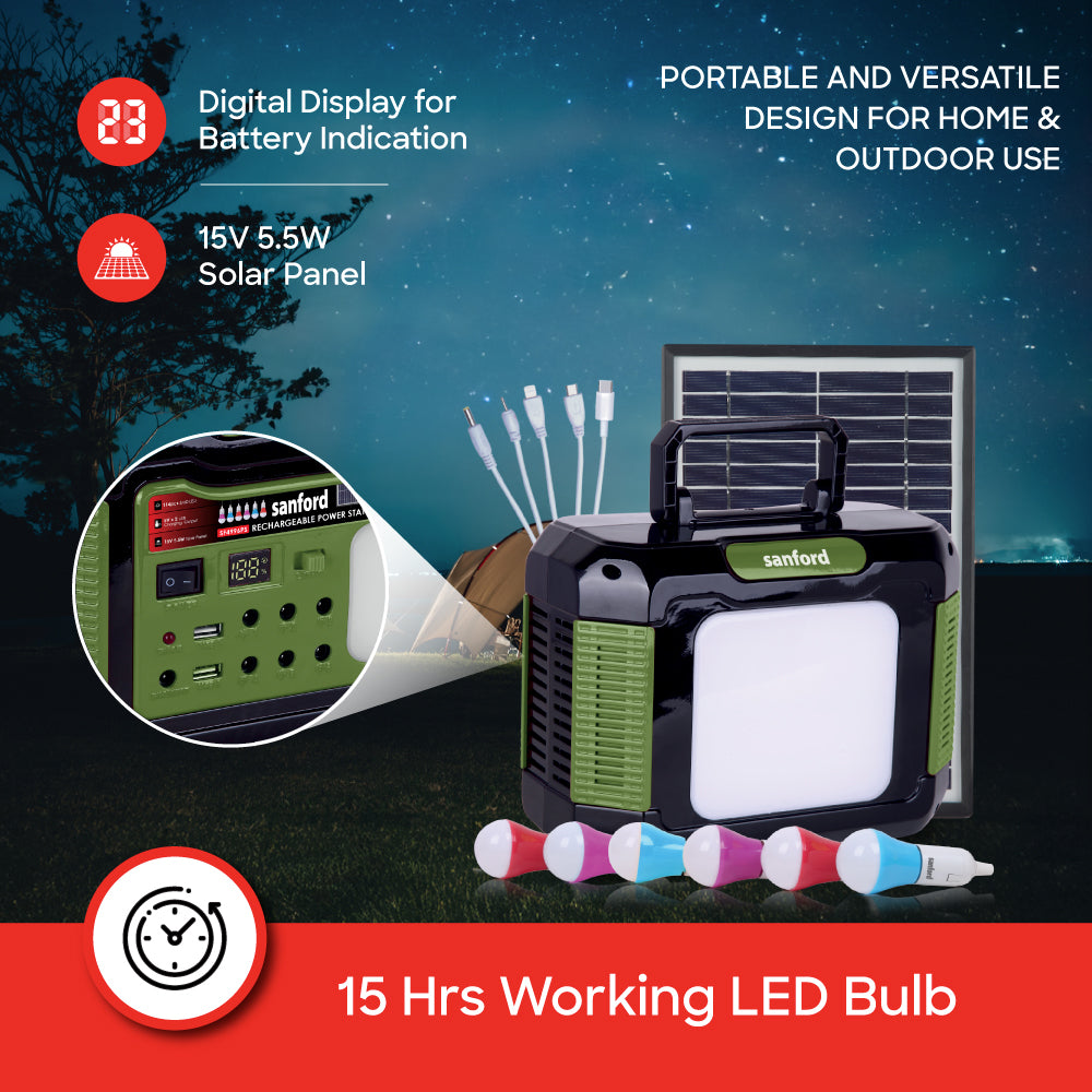 Sanford 11000mAh Rechargeable Solar Power Station with 6 LED Bulbs and USB Charging Port | SF4996PS - buysanford
