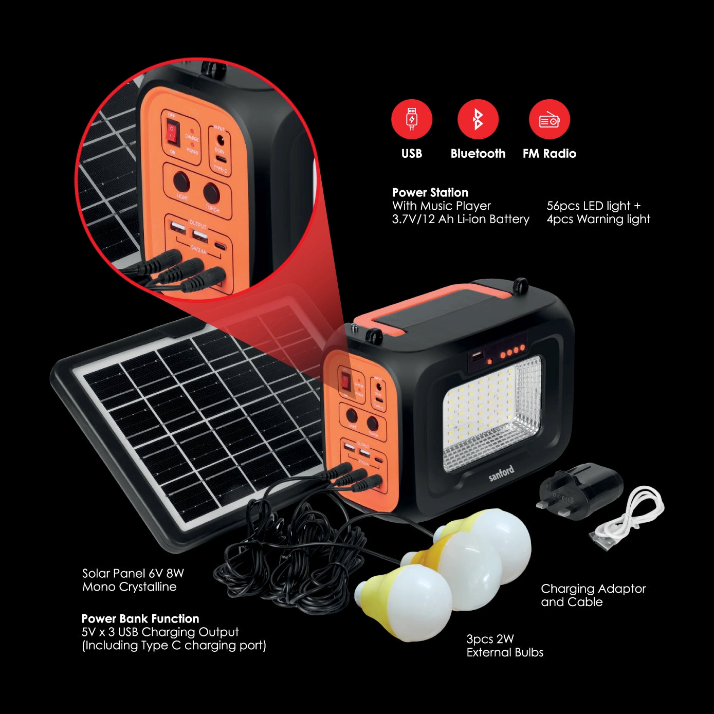 rechargeable power station 5 in 1 bluetooth fm radio portable backup sanford 5