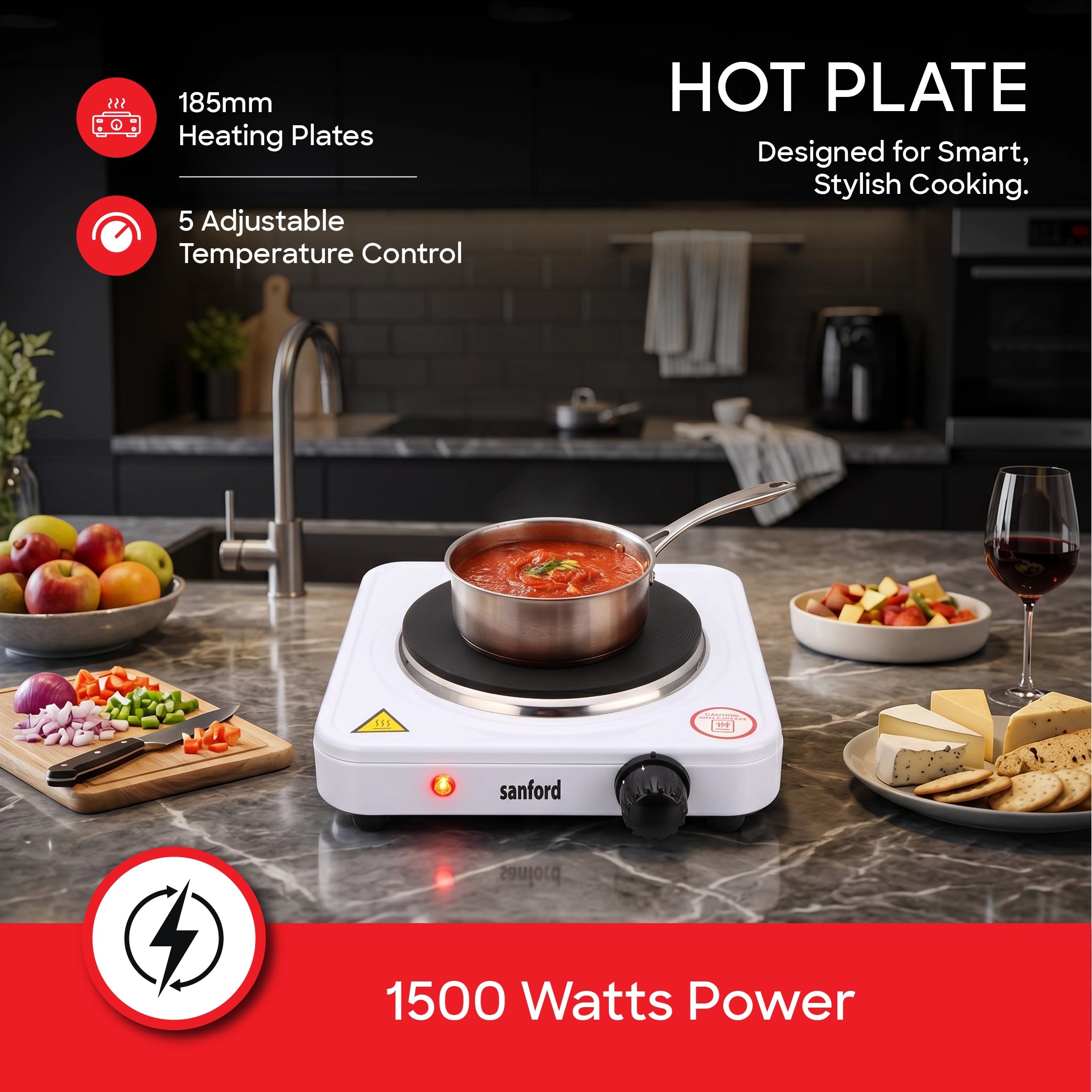 Sanford Single Electric Hot Plate 1500W with 5 Temperature Controls| SF5011HPT - buysanford