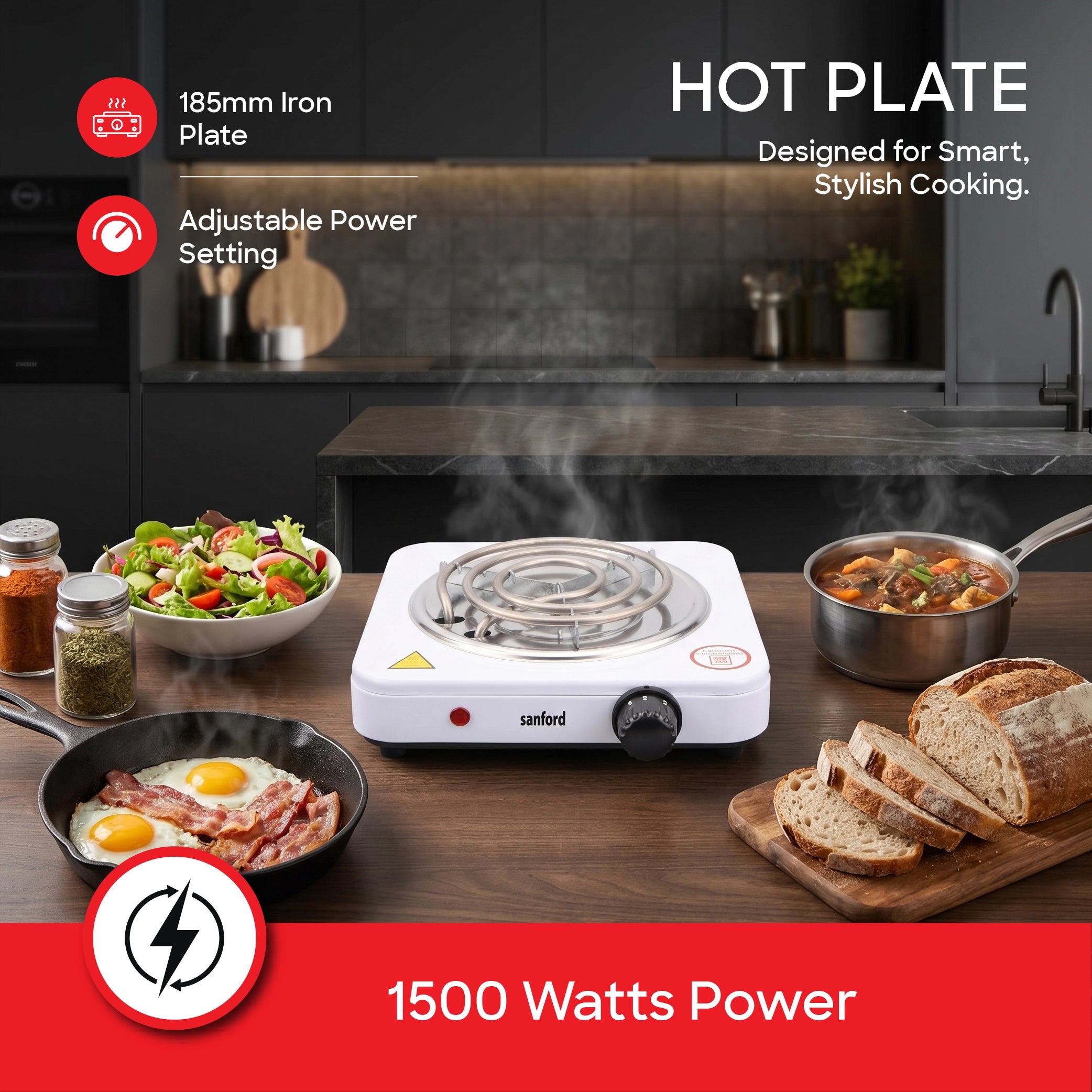 single spiral hot plate 1500W 5 temperature controls sanford 3