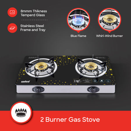 Sanford Double Burner Glass Gas Stove | SF5228GC-B - buysanford