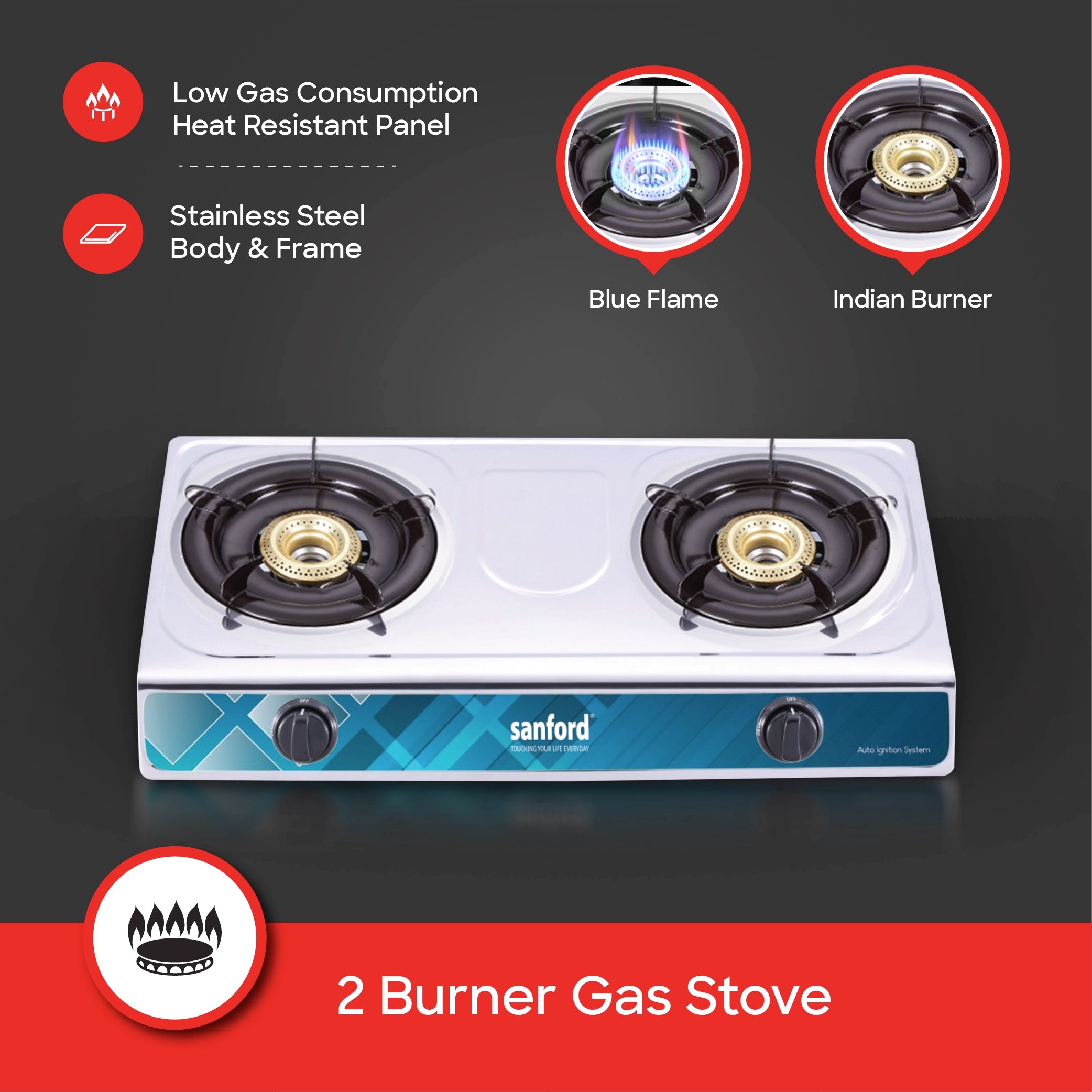 stainless steel double burner gas stove auto ignition sanford 3