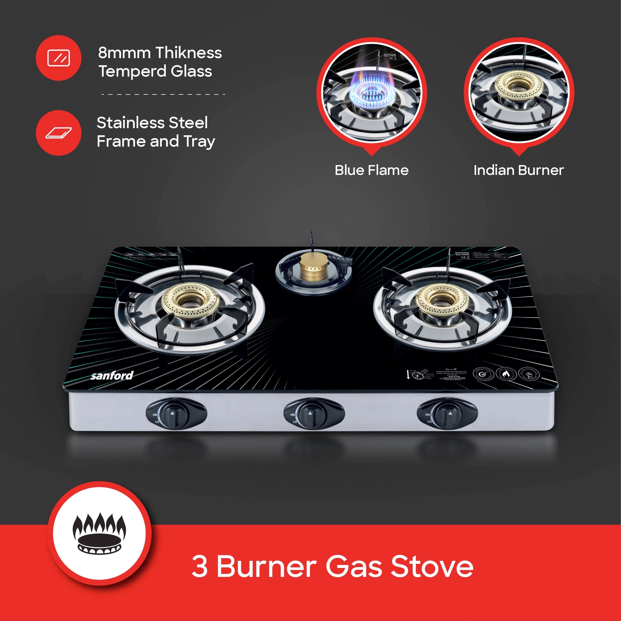 triple burner glass gas stove Stainless Steel Frame & Tray sanford 3